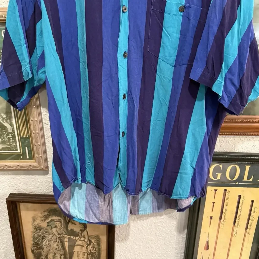 Vintage 80s RARE IOU Men's Striped Button Down Short Sleeve Blue Shirt‎ Size XL